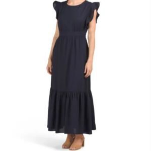 For Cynthia Navy Blue Linen Blend Ruffle Sleeve Maxi Dress Size Large